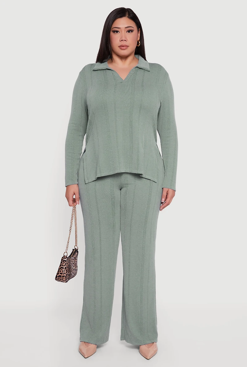 Plus High Waisted Ribbed Knit Casual Pants