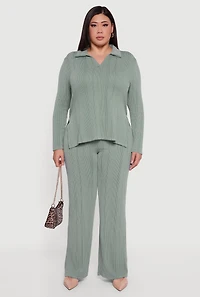 Plus High Waisted Ribbed Knit Casual Pants