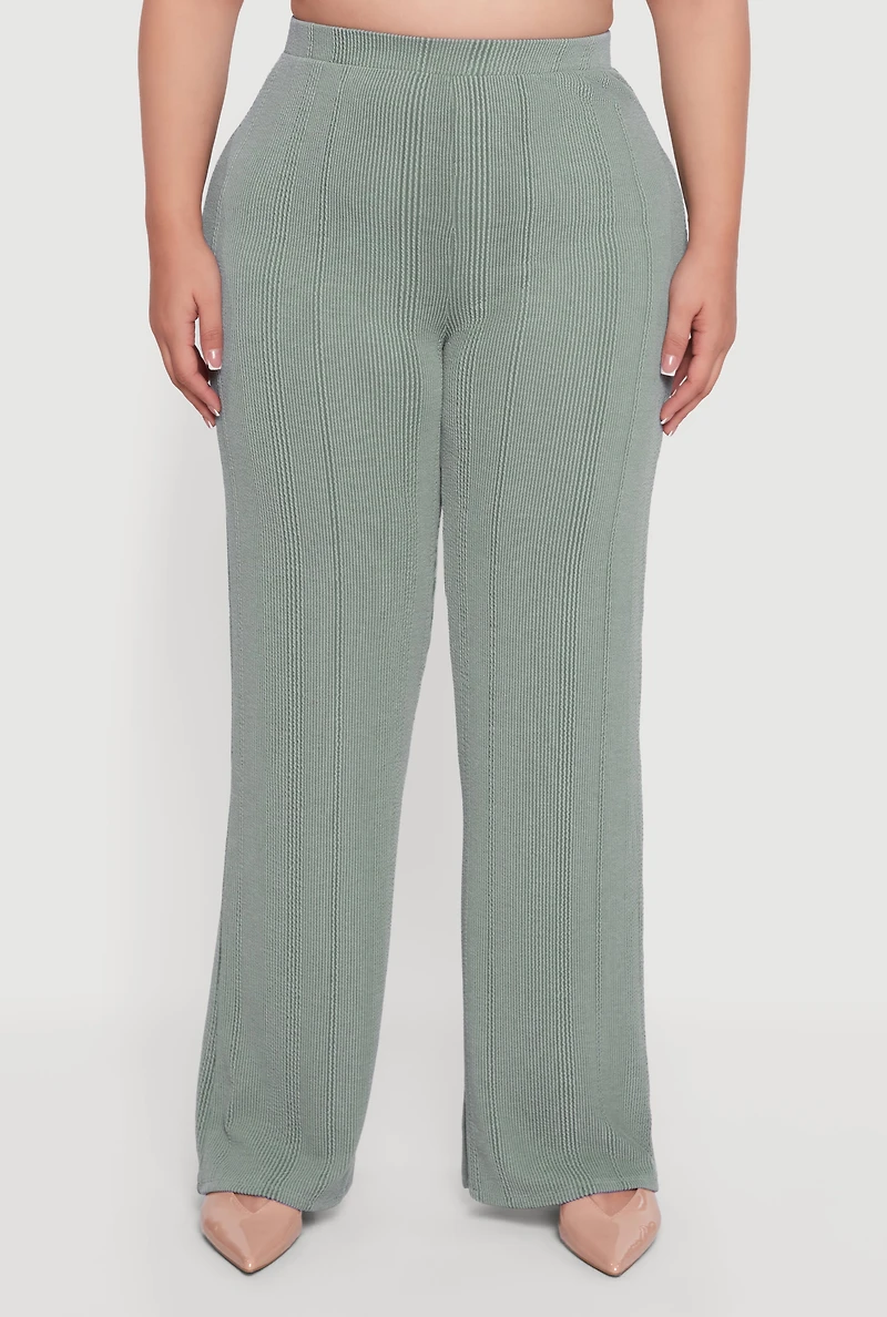 Plus High Waisted Ribbed Knit Casual Pants