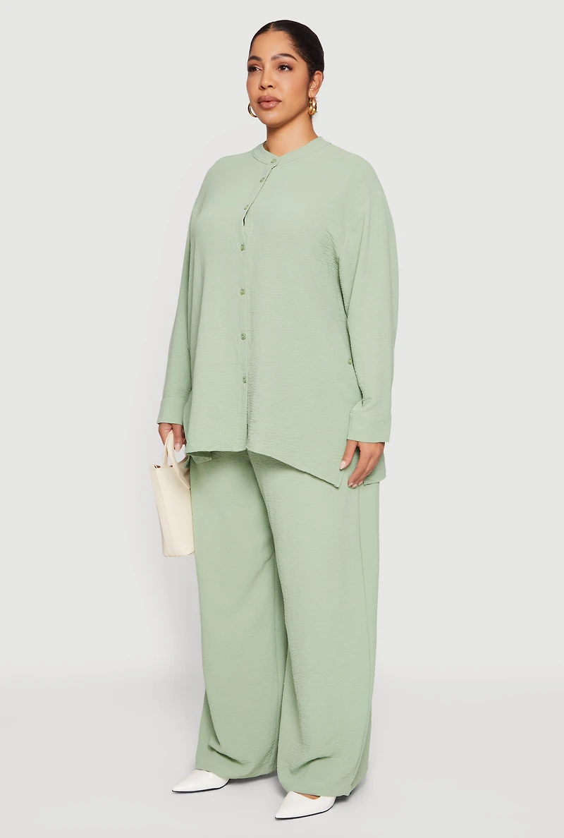 Plus Airy Long Sleeve Button Front Blouse