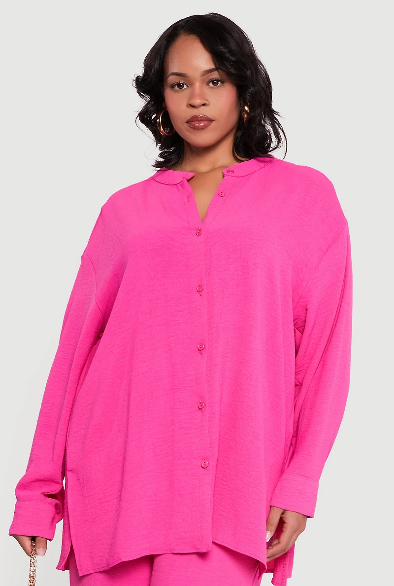 Plus Airy Long Sleeve Button Front Blouse