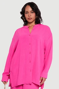 Plus Airy Long Sleeve Button Front Blouse