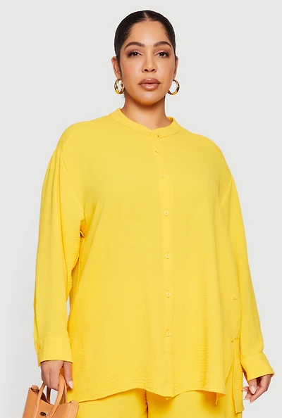 Womens Plus Size Airy Long Sleeve Button Front Blouse, Yellow, Size 3X