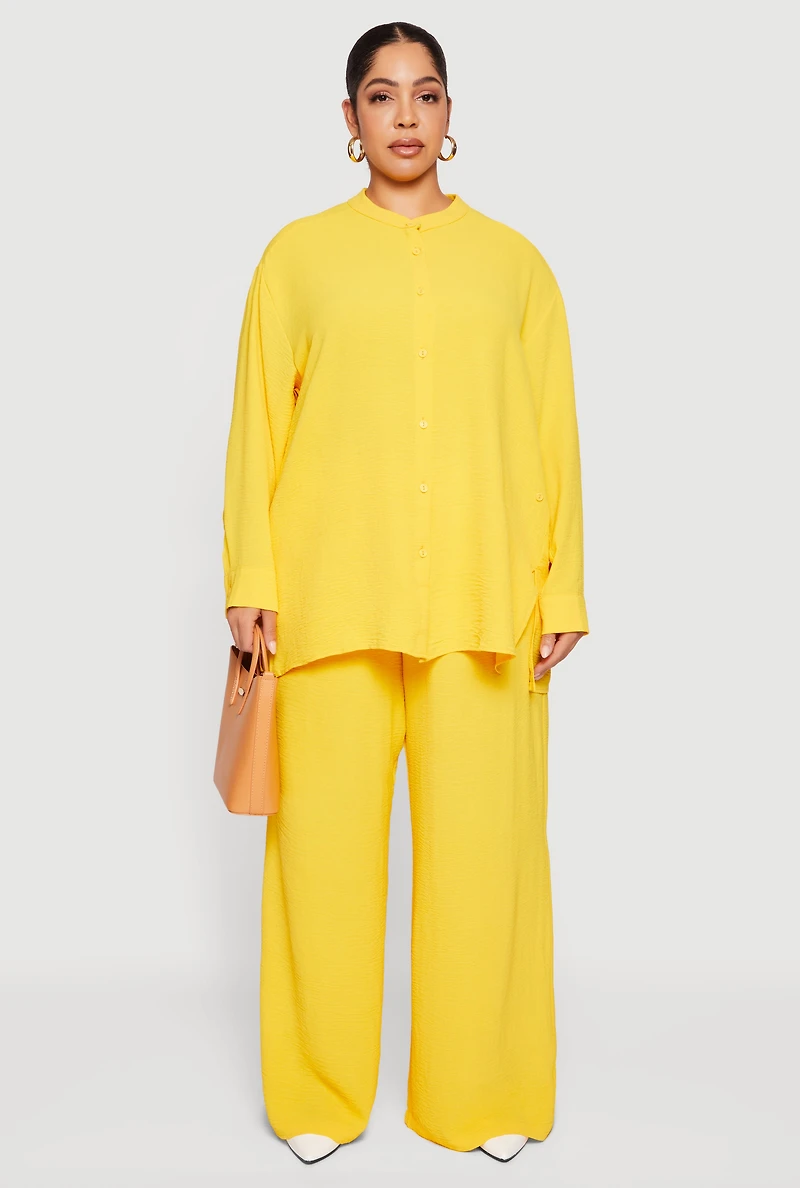 Womens Plus Size Airy Long Sleeve Button Front Blouse, Yellow, Size 3X