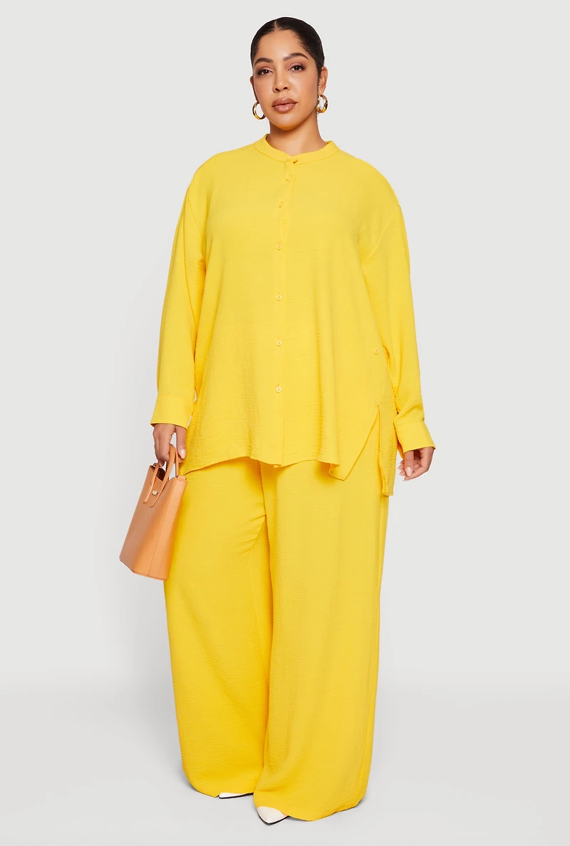Womens Plus Airy Long Sleeve Button Front Blouse, Yellow,