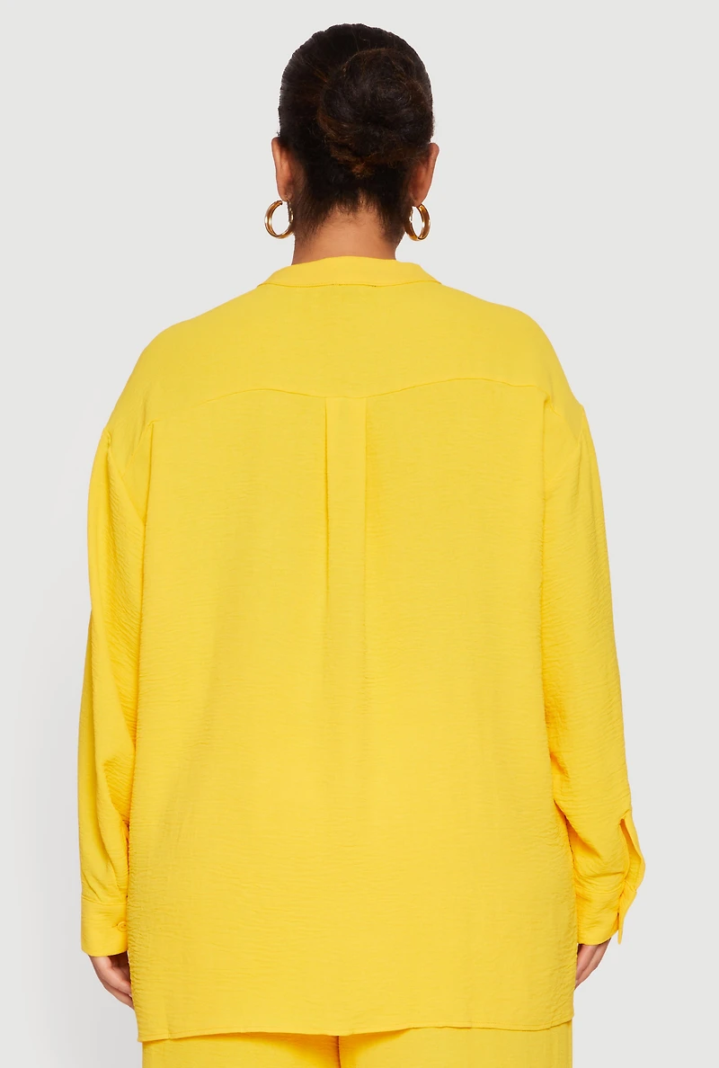 Womens Plus Size Airy Long Sleeve Button Front Blouse, Yellow, Size 3X