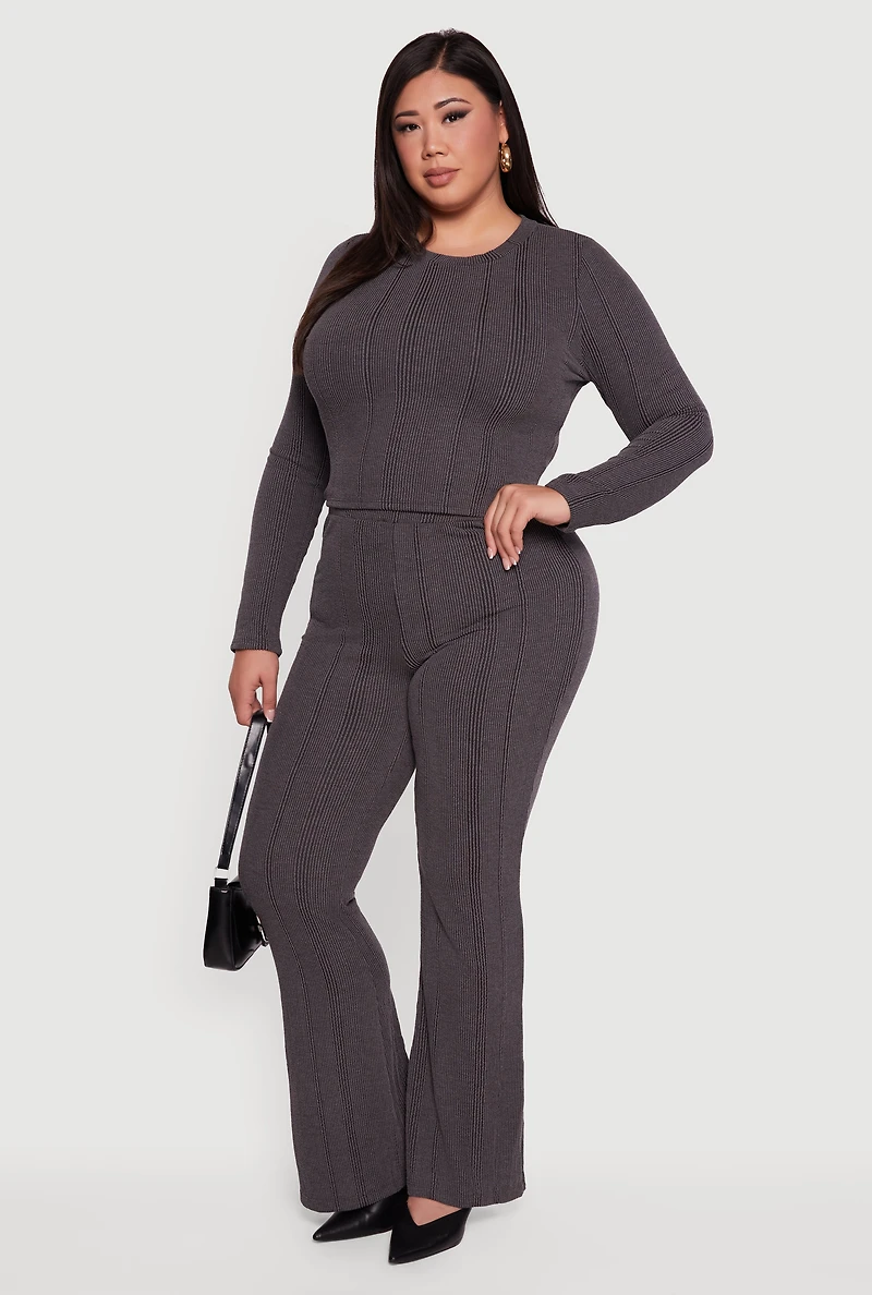 Plus Shadow Stripe Rib Knit Flare Leg Pants