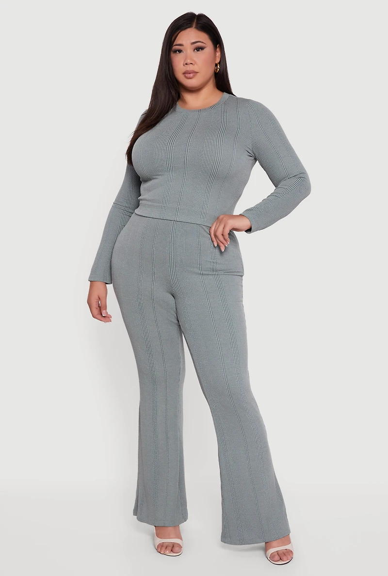 Womens Plus Size Shadow Stripe Rib Knit Flare Leg Pants, Green, Size 1X