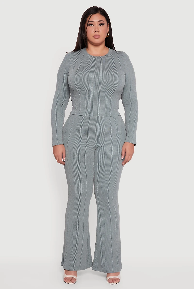 Womens Plus Size Shadow Stripe Rib Knit Flare Leg Pants, Green, Size 1X