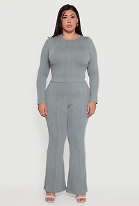 Womens Plus Size Shadow Stripe Rib Knit Flare Leg Pants, Green, Size 1X