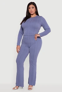 Womens Plus Shadow Stripe Rib Knit Flare Leg Pants, 1X