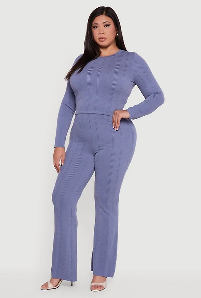 Plus Shadow Stripe Rib Knit Flare Leg Pants