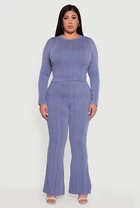 Womens Plus Size Shadow Stripe Rib Knit Flare Leg Pants, Blue, Size 1X