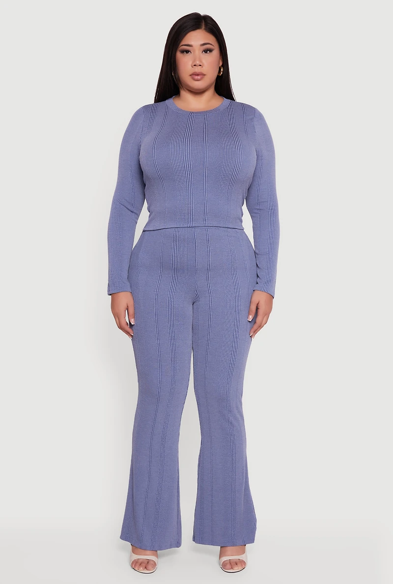 Plus Shadow Stripe Rib Knit Flare Leg Pants