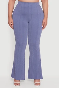 Womens Plus Size Shadow Stripe Rib Knit Flare Leg Pants, Blue, Size 1X