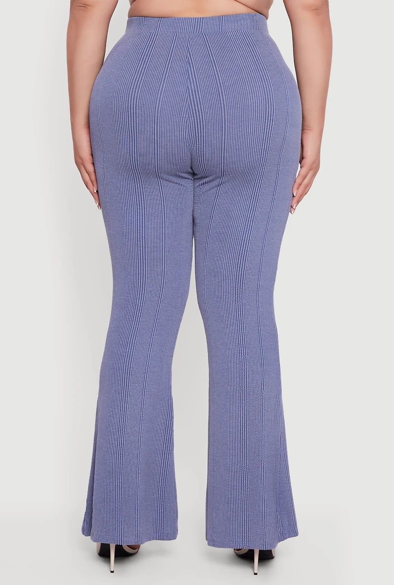 Womens Plus Size Shadow Stripe Rib Knit Flare Leg Pants, Blue, Size 1X