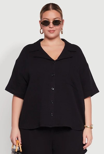 Womens Plus Gauze Knit Short Sleeve Shirt,
