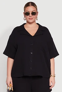 Womens Plus Size Gauze Knit Short Sleeve Shirt, Black, Size 1X