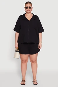 Womens Plus Size Gauze Knit Short Sleeve Shirt, Black, Size 1X