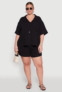 Womens Plus Size Gauze Knit Short Sleeve Shirt, Black, Size 1X