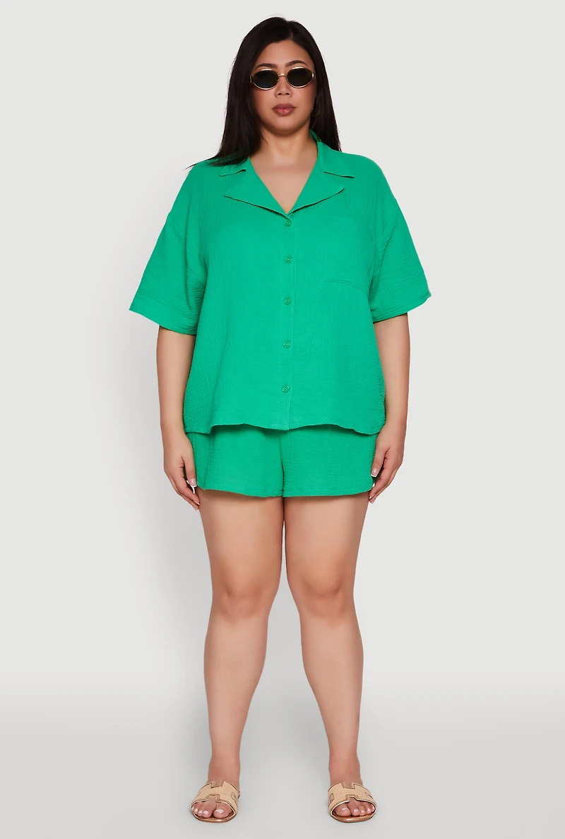 Womens Plus Size Gauze Knit Short Sleeve Shirt, Green, Size 1X