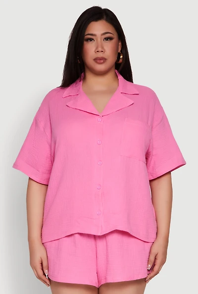 Womens Plus Size Gauze Knit Short Sleeve Shirt, Pink, Size 3X