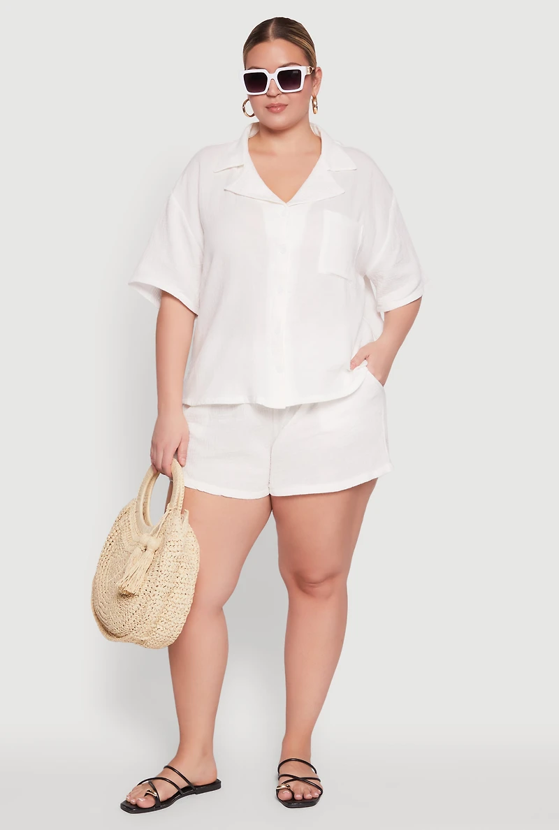 Womens Plus Size Gauze Knit Shorts, White, Size 3X