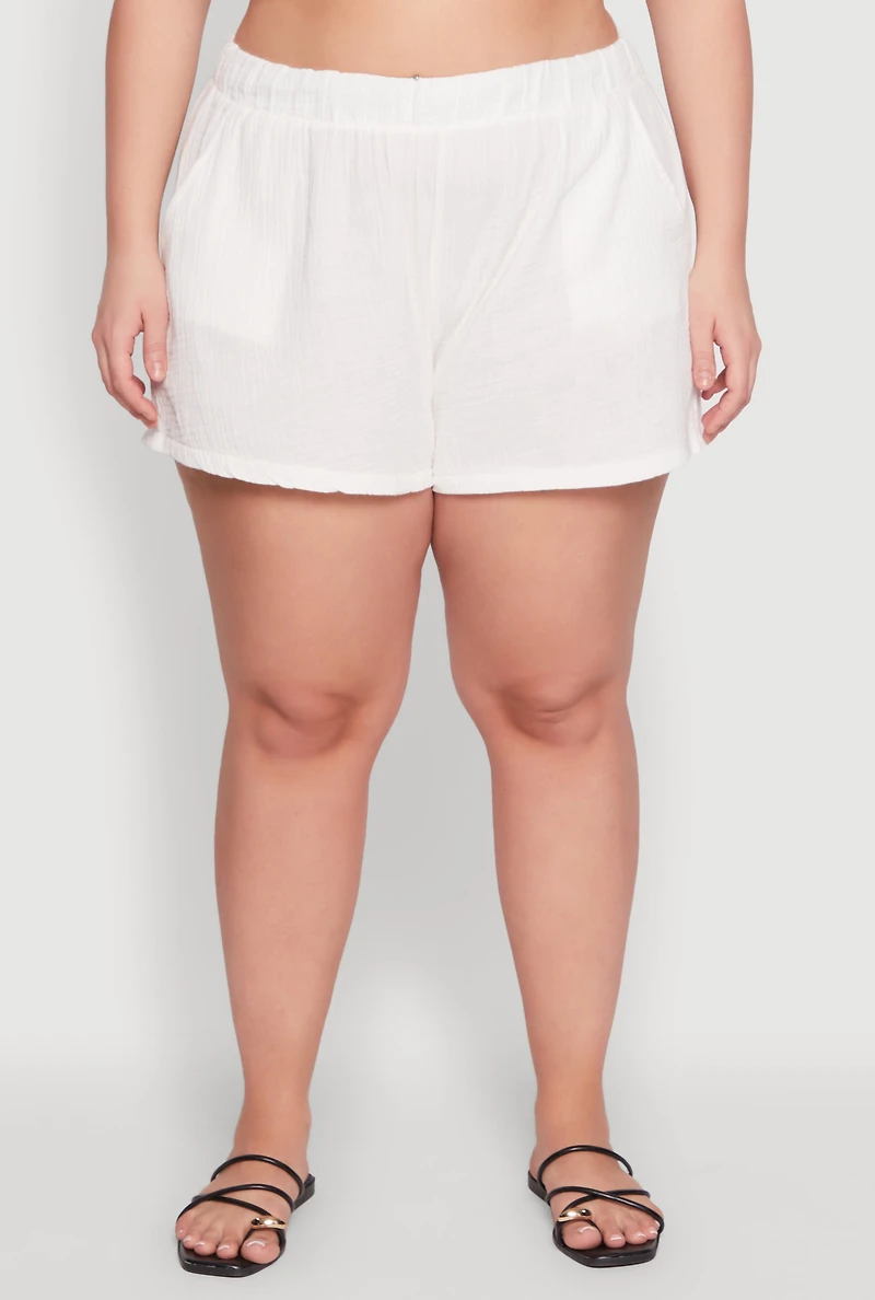 Womens Plus Size Gauze Knit Shorts, White, Size 3X