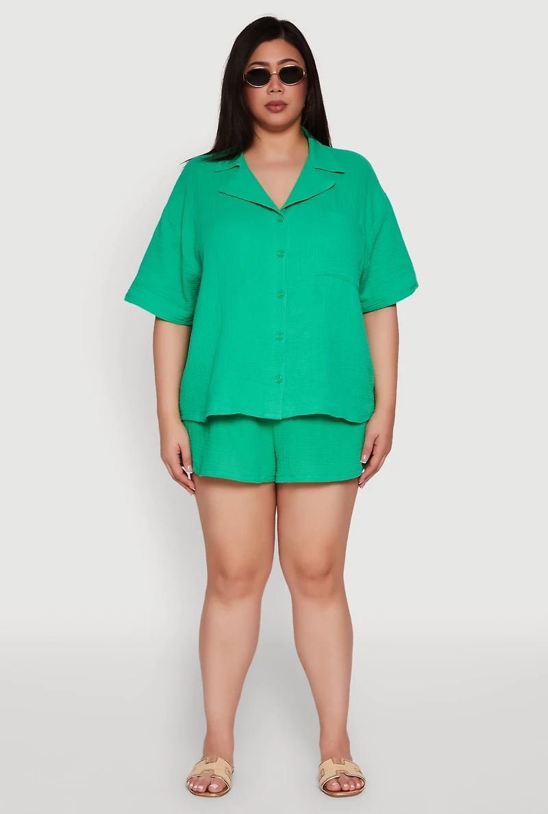 Womens Plus Size Gauze Knit Shorts, Green, Size 1X
