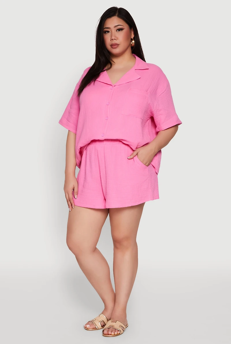 Womens Plus Size Gauze Knit Shorts, Pink, Size 1X