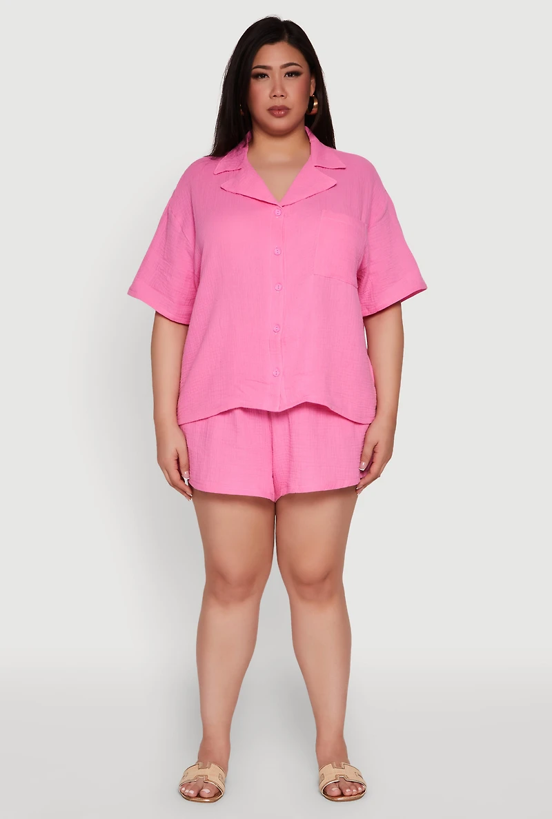 Womens Plus Size Gauze Knit Shorts, Pink, Size 1X