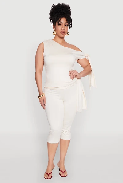 Womens Plus Size Side Tie Capri Pants, White, Size 1X