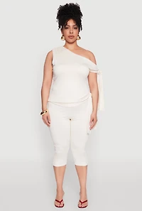Womens Plus Size Side Tie Capri Pants, White, Size 2X