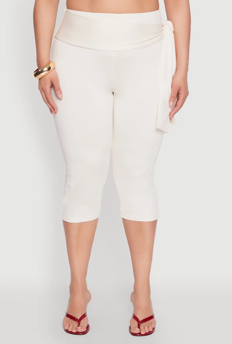 Womens Plus Size Side Tie Capri Pants, White, Size 2X