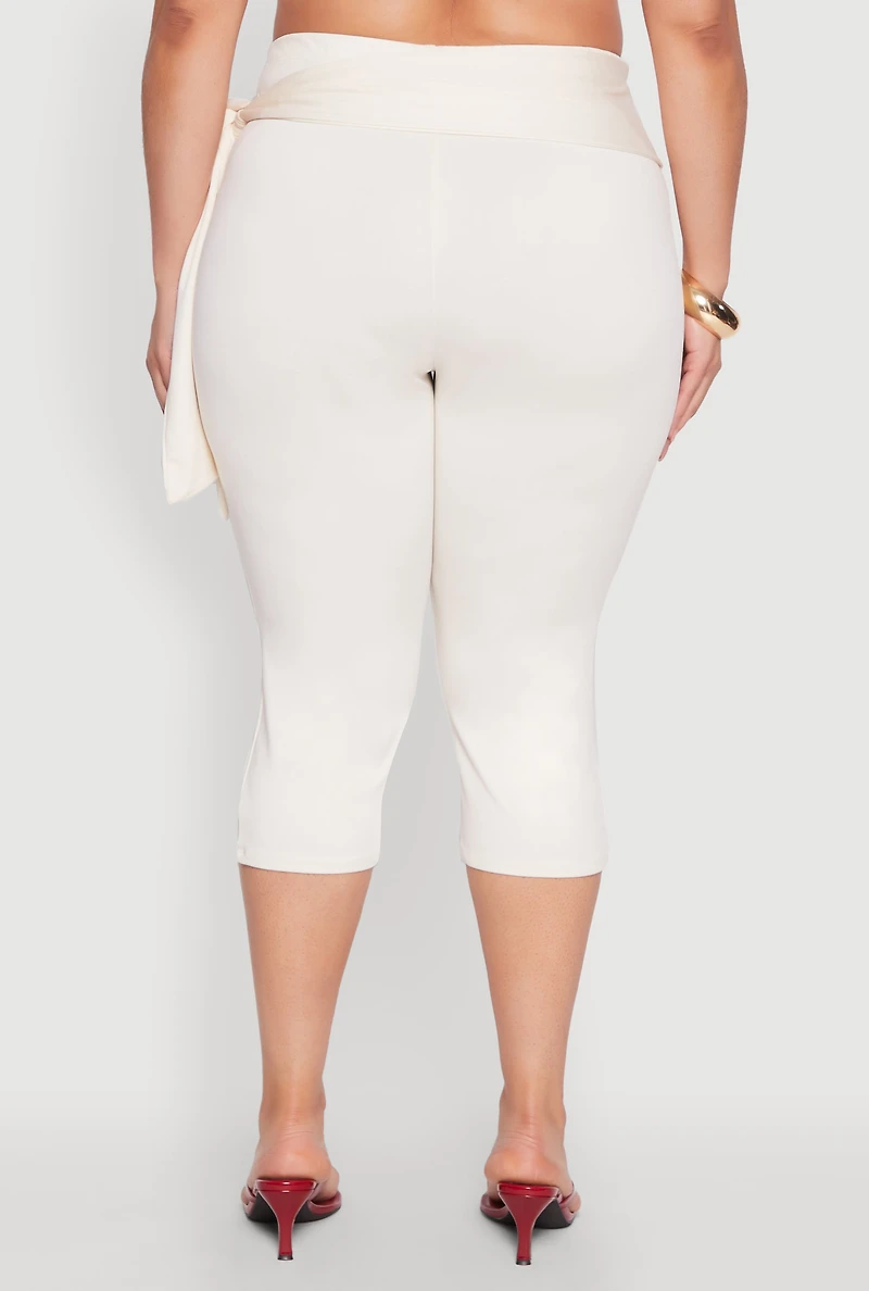 Womens Plus Size Side Tie Capri Pants, White, Size 2X