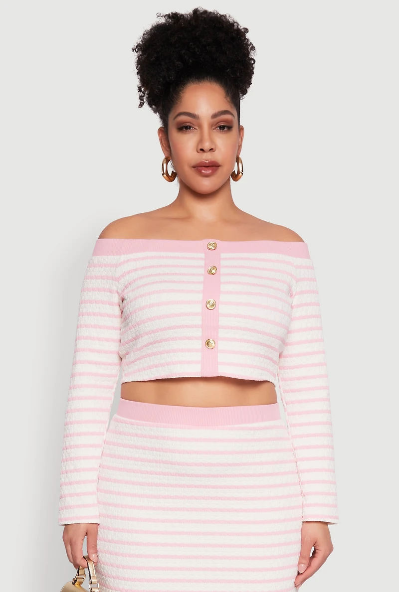 Plus Striped Faux Button Off the Shoulder Top