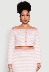 Plus Striped Faux Button Off the Shoulder Top