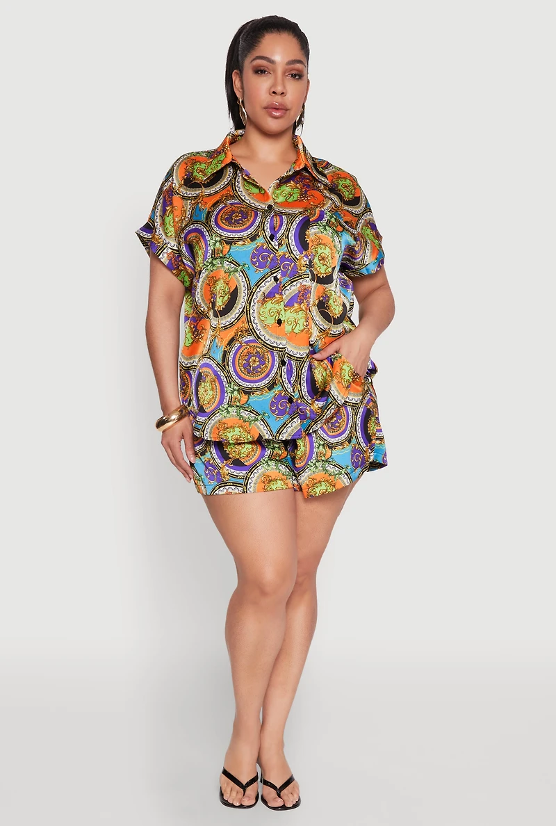 Womens Plus Size Smocked Chain Print Shorts, Multi, Size 3X