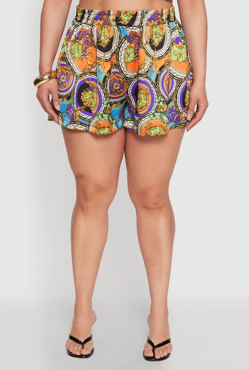 Womens Plus Size Smocked Chain Print Shorts, Multi, Size 3X