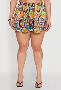 Womens Plus Size Smocked Chain Print Shorts, Multi, Size 3X