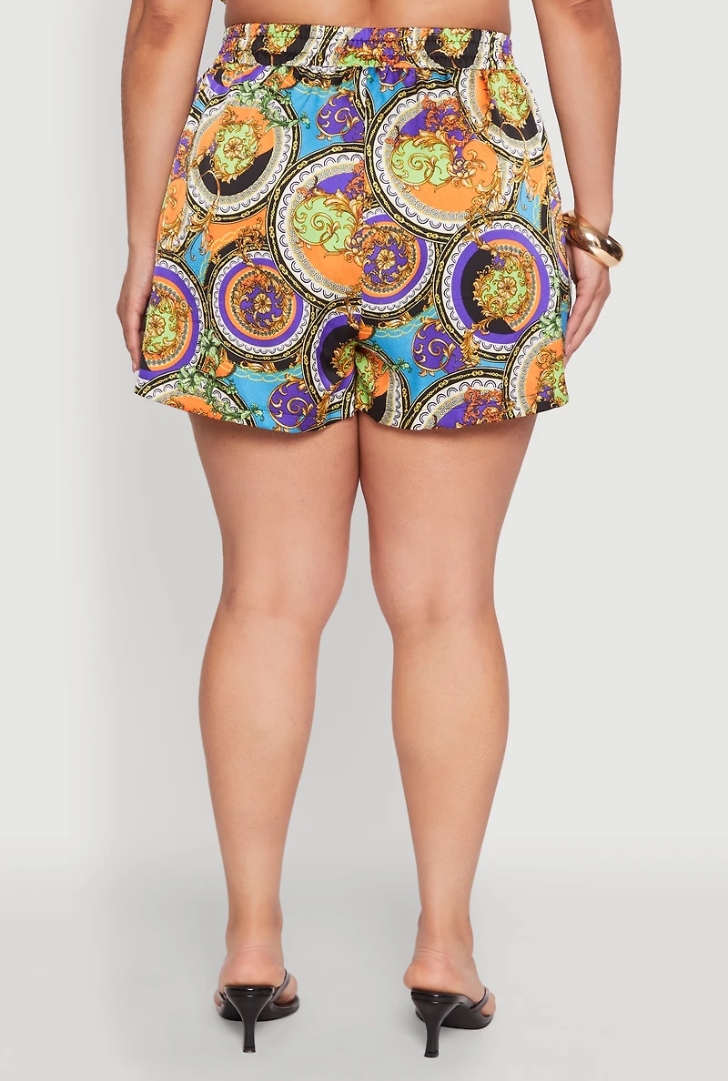 Womens Plus Size Smocked Chain Print Shorts, Multi, Size 3X