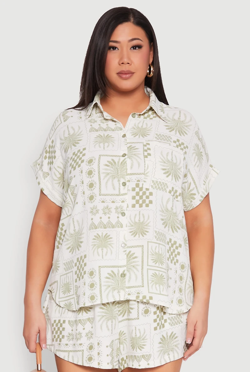Womens Plus Size Checkered Palm Print Shirt, Green, Size 3X