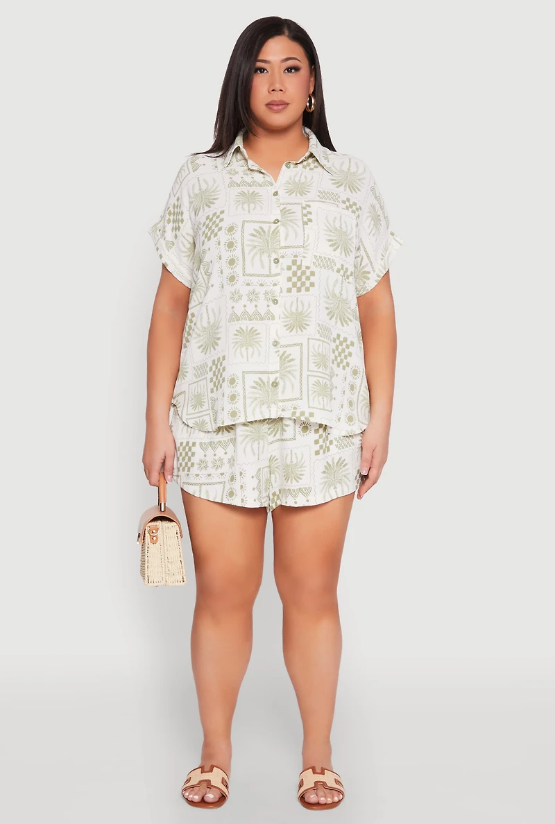 Womens Plus Size Checkered Palm Print Shirt, Green, Size 3X