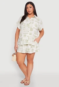 Womens Plus Size Checkered Palm Print Shirt, Green, Size 3X