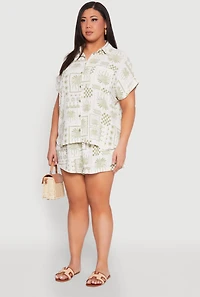Womens Plus Size Checkered Palm Print Shirt, Green, Size 3X