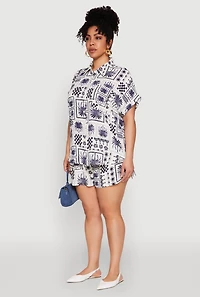 Womens Plus Size Checkered Palm Print Shirt, Blue, Size 3X