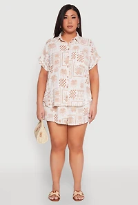 Womens Plus Size Checkered Palm Print Shirt, Beige, Size 1X