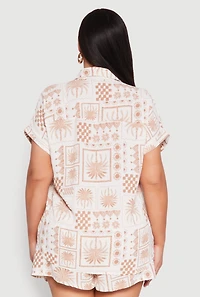 Womens Plus Size Checkered Palm Print Shirt, Beige, Size 1X