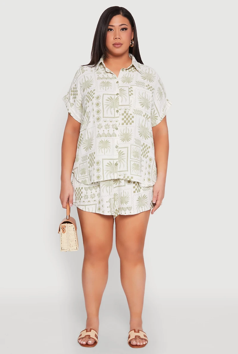 Womens Plus Size Checkered Palm Print Shorts, Green, Size 2X
