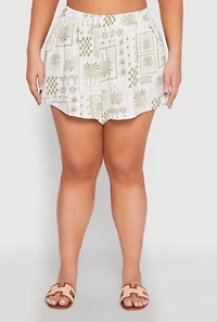 Womens Plus Checkered Palm Print Shorts, 3X